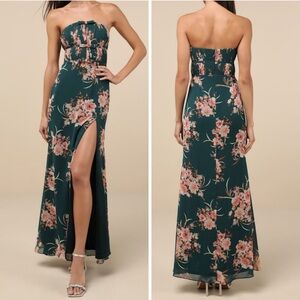 Lulu's Green Floral Strapless Dress